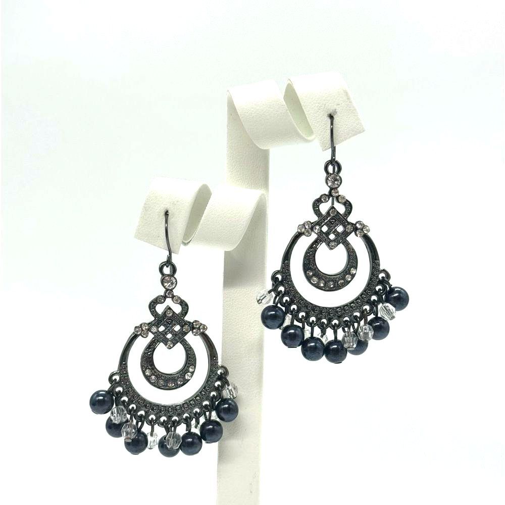 INC Vintage Black and Silver Tone Dangling Chandelier Earnings 2 inch